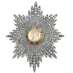 Vintage The Order of the British Empire grand cross in 925 Sterling Silver, moissanite Red enamel star badge
