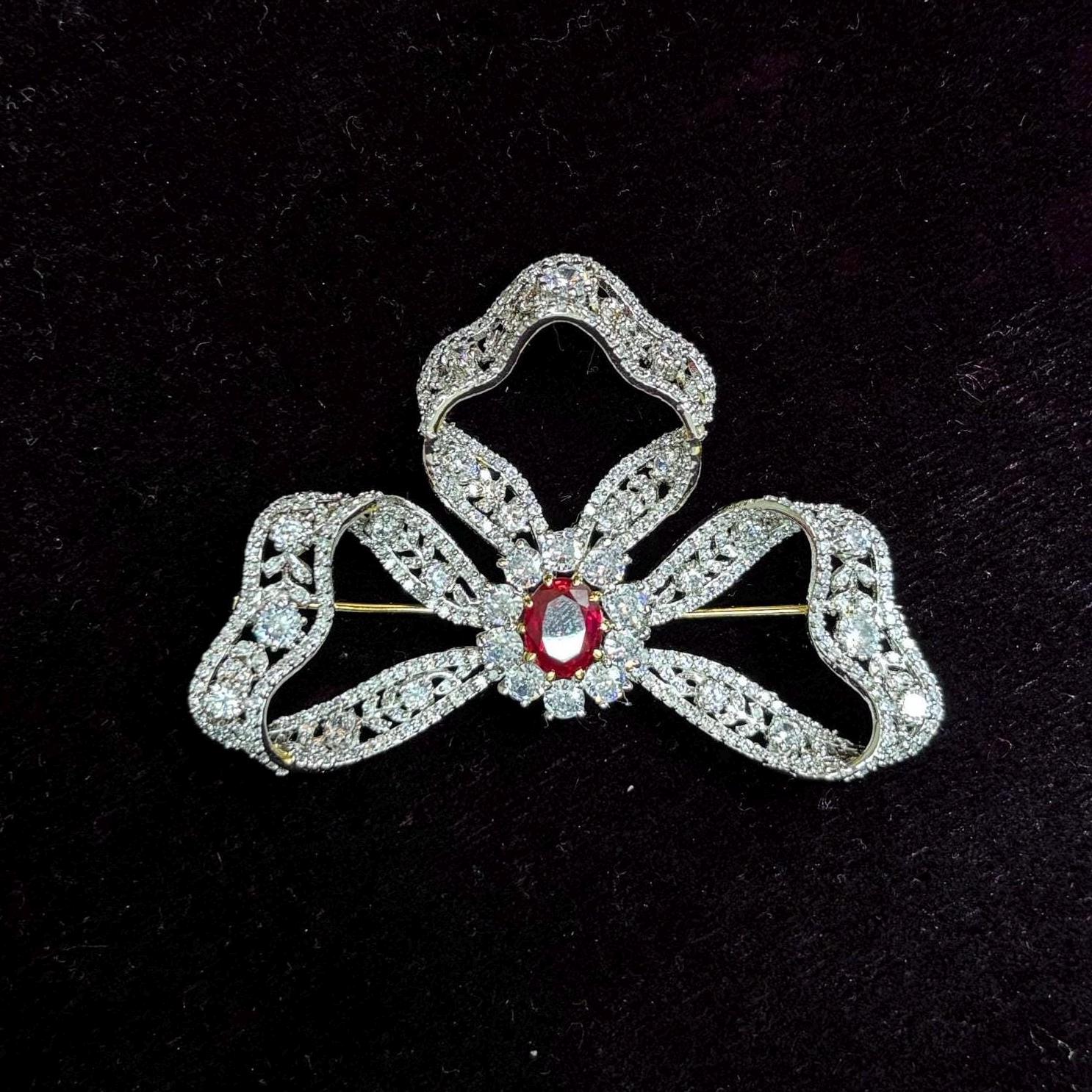 Vintage Inspired queen Marie Antoinette Bow Brooch - 925 Sterling Silver, Moissanite, Ruby - Perfect for Her, Wedding, Anniversary