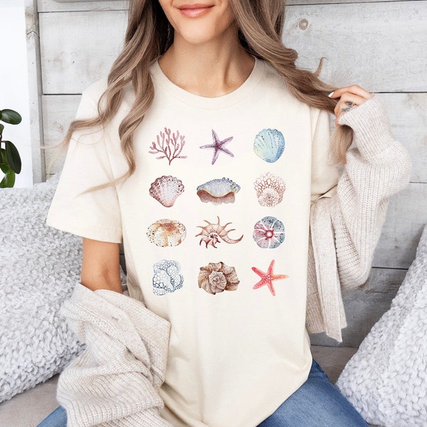 Seashells T-Shirt, Ocean Inspired Style, Starfish Shell Coral Collage, Summer Top, 90s Baby Tee, Y2K Clothing, Coastal Grandma Aesthetic