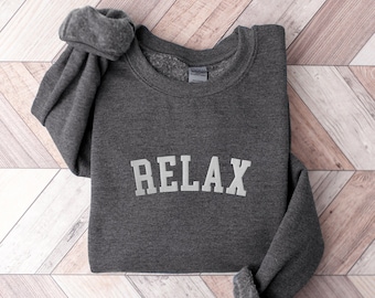 Embroidered Relax Sweatshirt, Cozy College Style Sweater, Ideal for Lounging, Minimalist Design, Perfect Homebody Gift