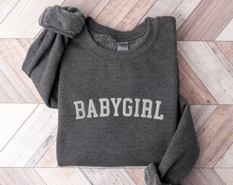 Embroidered Babygirl Sweatshirt, Cozy College Style Sweater, Ideal for Lounging, Cute Minimalist Design, Perfect Homebody Gift
