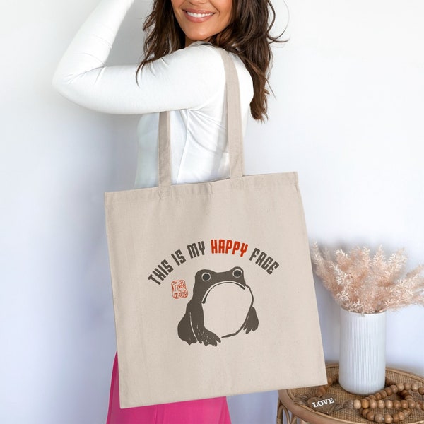 Matsumoto Frog Tote Bag, Sarcastic 'This Is My Happy Face' Canvas Tote, Japanese Grumpy Frog Design, Perfect Gift for Japanese Art Fans