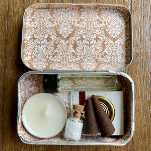Mini Travel Altar Kit in Altoid Tin | Portable Witchcraft Set with Florida Water, Candle & Incense