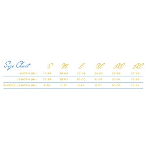 May include: Size chart for clothing with measurements in inches for width, length, and sleeve length. Sizes include S, M, L, XL, 2XL, and 3XL.