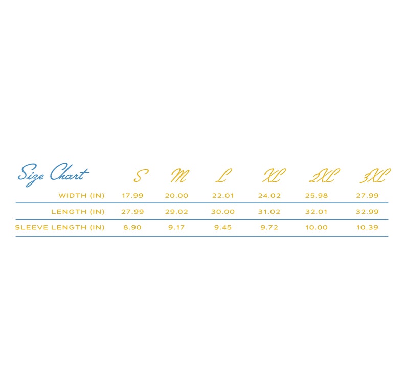 May include: Size chart for clothing with measurements in inches for width, length, and sleeve length. Sizes include S, M, L, XL, 2XL, and 3XL.