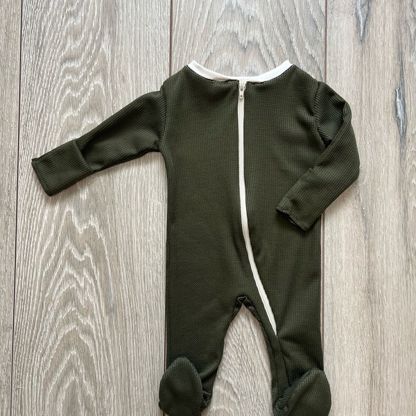 Zip Footie Sleeper-Olive Waffle Knit, gender neutral baby clothes, newborn coming home outfit