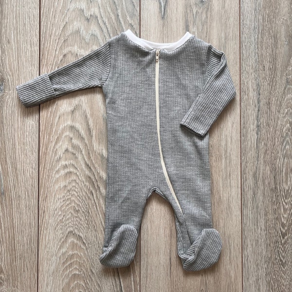 Zip Footie Sleeper-Light Grey Waffle Knit, gender neutral baby clothes, newborn coming home outfit