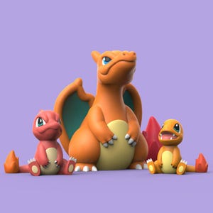 May include: Three orange and red cartoon figures of the Pokemon Charizard, Charmeleon, and Charmander. The figures are made of plastic and are posed in a playful manner.