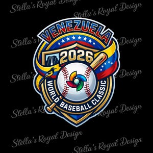Puede incluir: Gr&aacute;fico de b&eacute;isbol con el texto "VENEZUELA 2026 WORLD BASEBALL CLASSIC" en un dise&ntilde;o de escudo. El dise&ntilde;o incorpora los colores de la bandera venezolana, una pelota de b&eacute;isbol y un bate, sobre un fondo negro.