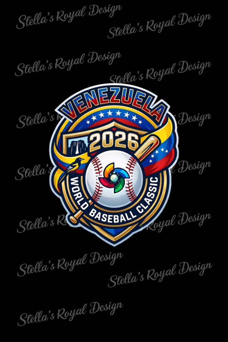Puede incluir: Gr&aacute;fico de b&eacute;isbol con el texto "VENEZUELA 2026 WORLD BASEBALL CLASSIC" en un dise&ntilde;o de escudo. El dise&ntilde;o incorpora los colores de la bandera venezolana, una pelota de b&eacute;isbol y un bate, sobre un fondo negro.