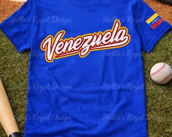 Venezuela Baseball Fan Shirt, Script Logo Tee, Blue Game Day Shirt, Venezuela Flag Sleeve Shirt
