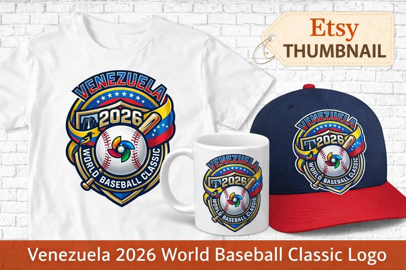 Puede incluir: Una camiseta blanca, una taza blanca y una gorra de b&eacute;isbol azul marino y roja, cada una con el logotipo "Venezuela 2026 World Baseball Classic". El logotipo incluye una pelota de b&eacute;isbol, un bate y el texto "Venezuela 2026".