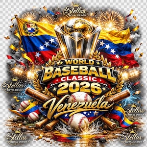 May include: A vibrant graphic for the World Baseball Classic 2026 in Venezuela. The design features baseballs, bats, and the Venezuelan flag, with a trophy and fireworks. The text includes "World Baseball Classic 2026" and "Venezuela".