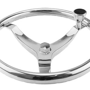 May include: A chrome steering wheel with a three-spoke design and a knob on the top.