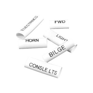 May include: A collection of six white cylindrical wire markers featuring black printed text. The labels include the words ELECTRONCS, FWD, HORN, LIGHT, BILGE, and CONSLE LTS. These tubular markers are designed for organizing and identifying electrical wires.