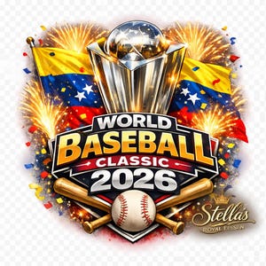 Könnte beinhalten: Ein lebendiges Grafikdesign für die World Baseball Classic 2026, mit einem Baseball, gekreuzten Schlägern und einer Trophäe. Venezolanische Flaggen und Feuerwerk umgeben den zentralen Text. Das Logo enthält den Text "World Baseball Classic 2026".