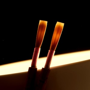May include: Two brown and beige oboe reeds with pink ligatures.