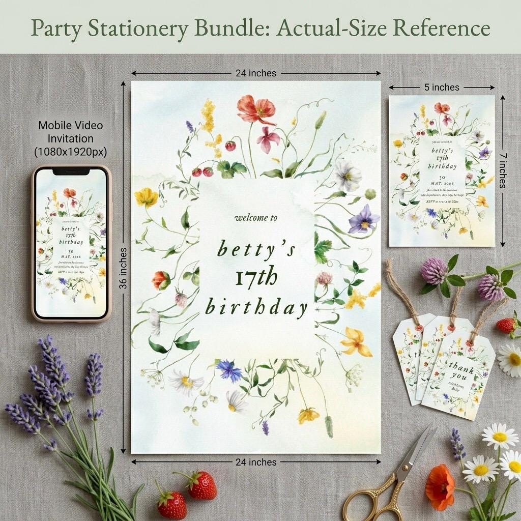 Wildflower Birthday Thank You Tag, Editable Floral Canva Template (2x3 ...