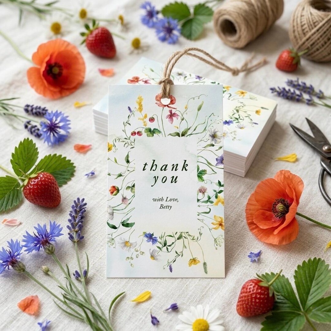 Wildflower Birthday Thank You Tag, Editable Floral Canva Template (2x3 ...