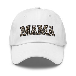 Mama Leopard Print Embroidered Dad Hat White