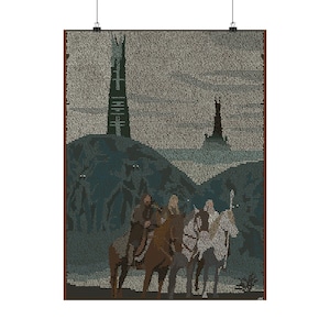 May include: A digital art print of a scene from The Lord of the Rings, featuring four figures on horseback riding towards two towers in the distance. The print is made up of text, creating a pixelated effect.