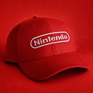 May include: A red baseball cap with the white embroidered Nintendo logo. The cap has a curved brim and a button on top. The background is a solid red color, creating a bold and eye-catching look.