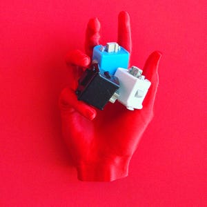 Può includere: Una mano rossa che tiene tre piccole scatole di plastica. Una scatola è blu, una è bianca e una è nera.