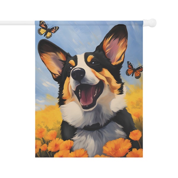 Tricolor Pembroke Welsh Corgi Flag - Gift for Dog Mom Dog Dad or Dog Lover - Outdoor Decor - Spring Summer Garden Decoration - Black Headed