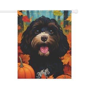 Tricolor Cavapoo Fall Garden Flag - Gift for Dog Mom Dad or Dog Lover Outdoor Fall Autumn Thanksgiving Decor Decoration Doodle Mix Birthday