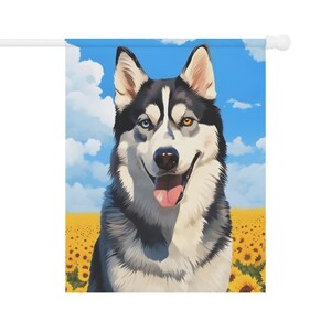Siberian Husky Summer Flag - Gift for Dog Mom Mother's Day Birthday Christmas - Outdoor House Garden Decor Sunflowers Multi-Colored Eyes