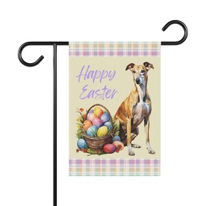 Fawn Greyhound Easter Flag - Happy Easter Basket Eggs Garden House Home Decor Lawn Yard Flag - Spring Pastel Outdoor Dog Decoration Gift