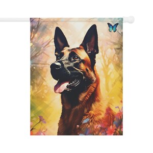May include: A close-up portrait of a brown and black German Shepherd dog against a light brown background. The dog is looking to the left with its mouth open and tongue sticking out. The dog is surrounded by colourful flowers and a blue butterfly is flying in the top right corner of the image.