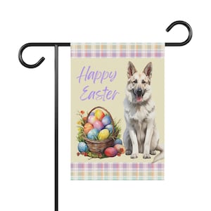 White German Shepherd Easter Flag - Happy Easter Eggs Basket Garden House Home Decor Lawn Yard Flag - GSD Spring Outdoor Dog Decoration