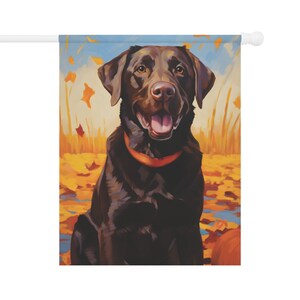 Pode incluir: Um cão labrador retriever marrom sentado em um campo de folhas de outono. O cão está olhando para a câmera com uma expressão feliz. As folhas são laranja, amarelo e vermelho.