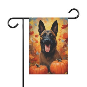 May include: A brown and black German Shepherd dog with a happy expression sits in front of two orange pumpkins with autumn leaves in the background.