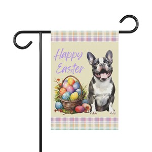 Schwarz weiße Frenchie Flagge - glückliche Ostereier Garten Haus Wohnkultur Rasen Hof Flagge - Französischer Bulldogge Frühling Pastell Hundedekoration für draußen