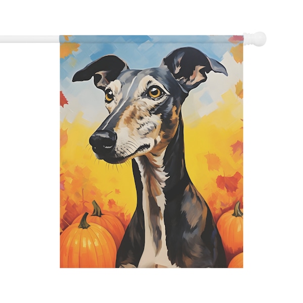 Greyhound Fall Garden Flag - Gift for Dog Mom Dog Dad or Dog Lover - Outdoor House Home Decor - Thanksgiving Decoration - Dark Brindle Black