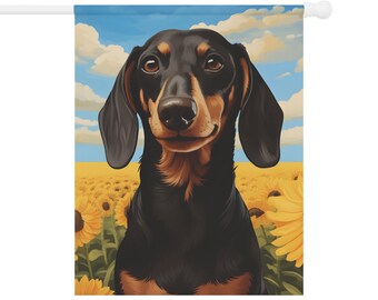 Bandeira de verão Black Tan Dachshund - Presente para Cachorro Mãe Pai Dia das Mães Aniversário Natal - Casa ao ar livre Jardim Decoração de casa Girassóis Wiener