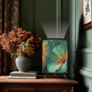 Stained Glass Style Hibiscus Lamp: Tropical Coastal Table Decor