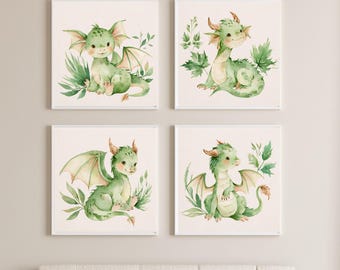 Dragon Nursery Wall Art 4 Piece Set | Cotton and Linen Hanging | Baby Boy Art | Watercolor Prints, Fantasy Decor