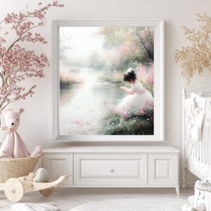 Little Girl By the River, Cute Nursery Art, Baby Room Decor, Balloon Wall Print, Gift for New Parents, Children&#39;s Art,