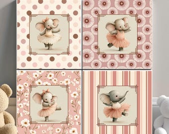 Ballet Elephant Nursery Wall Art Set, Baby Girl Nursery Decor, Pink Wall Hanging, Cotton and Linen Artwork