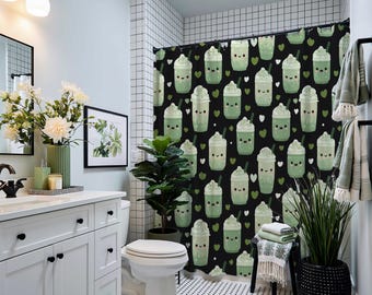 Kawaii Matcha Boba Shower Curtain | Café Bathroom Decor