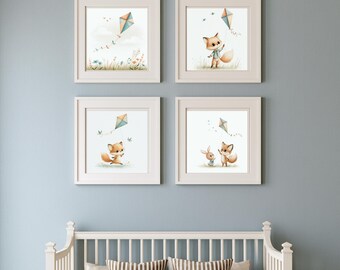 Woodland Fox Wall Art 4 Piece Set | Cotton Home Decor | Linen Wall Art | Woodland Wall Hanging | Kite Flying