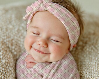 Pink Plaid Swaddle Set | Blanket & Bow Bundle and Car Seat Cover