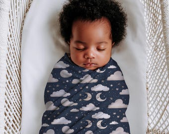 Moon and Stars Swaddle Set | Blanket & Bow Bundle and Car Seat Cover