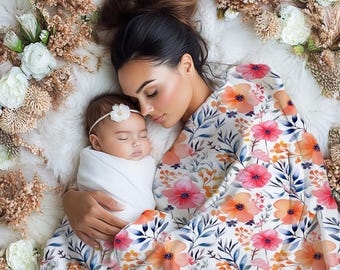 Orange and Red Blossom Swaddle Set | Blanket & Bow Bundle and Car Seat Cover