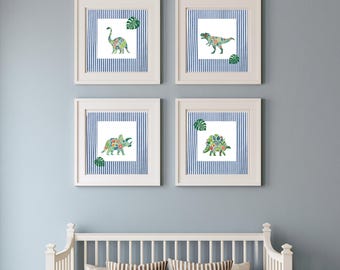 Dinosaur Nursery Wall Art Set, Floral Dinosaur Wall Hanging, Boy Nursery Art, Blue Dinosaur Prints, Botanical Dino Wall Decor