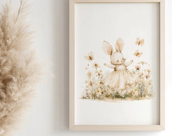 Dancing Bunnies Nursery Art 4 Piece Set | Watercolor Rabbit Prints | Linen Wall Art | Woodland Bunny Wall Hanging