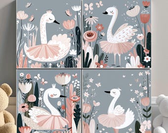 Swan Nursery Wall Art Set, Whimsical Nursery Decor, Swan Wall Hanging, Swan Prints, Pink Wall Decor